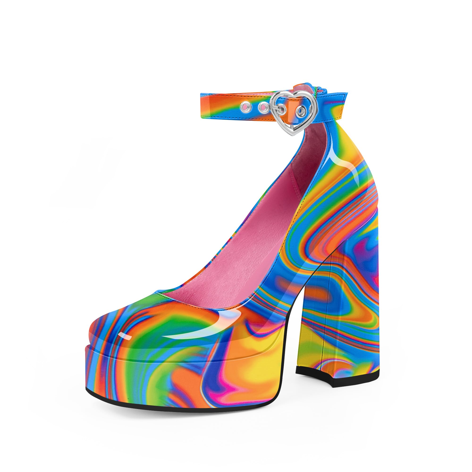 Odetina Women's Platform High Block Heel Pumps Ankle Strap Heart Buckle Square Toe Patent Leather Party Prom Dress Shoes