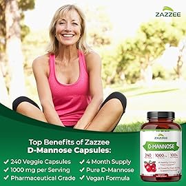 Zazzee D-Mannose, 1000 mg per Serving, 240 Vegan Capsules, 4 Month Supply, Potent & Fast-Acting, Certified Kosher, 100% Pure, All-Natural Urinary Tract Health Support, 100% Vegetarian, Non-GMO