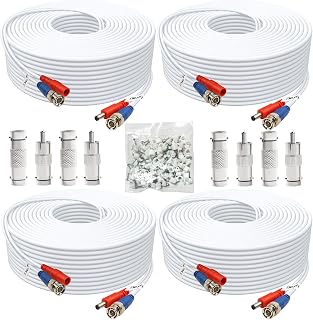 Aimyzii 100ft BNC Cable 4-Pack for CCTV Security Cameras - Video Power Siamese Cable with 8 Connectors & 100 Clips, Weatherproof White