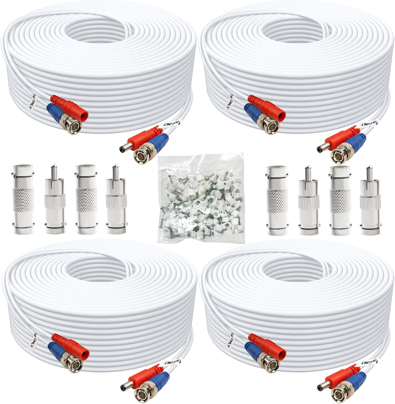 BNC Cable 25ft 4 Pack BNC Video Power Cable,All-in-One Video Security Camera Cable for CCTV Camera DVR Security Systems(Included 8X BNC Adapters,100 Pcs Cable Clips)-White