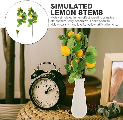 Miniatura 6 de 2 piezas de ramas de limón artificiales de color amarillo vívido, simulación de fruta falsa de limonero para decoración de centro de mesa del hogar