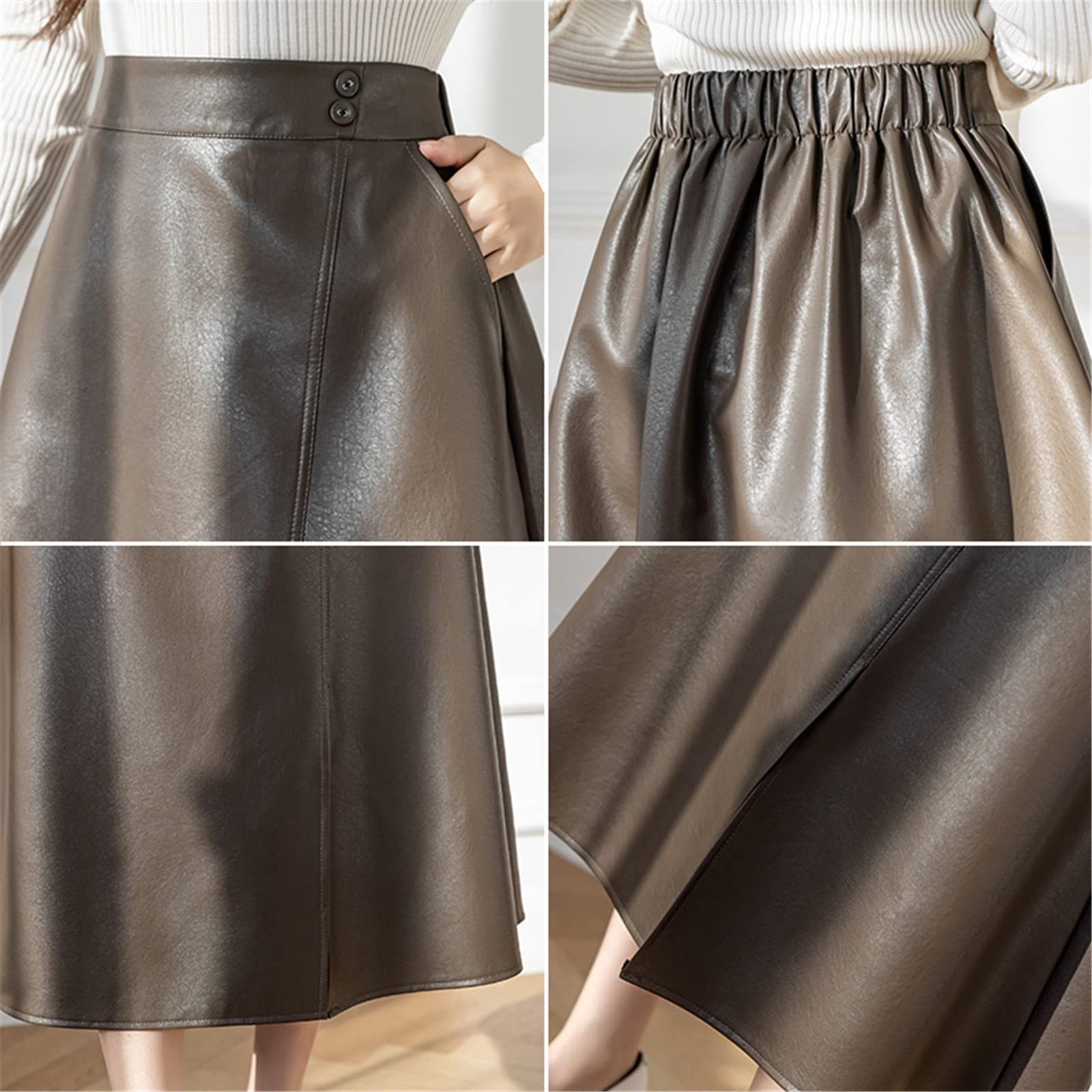 Gonne lunghe da donna in pelle nera PU elastico a vita alta Vintage ombrello A-Line gonne femminili autunno inverno, Caff, M