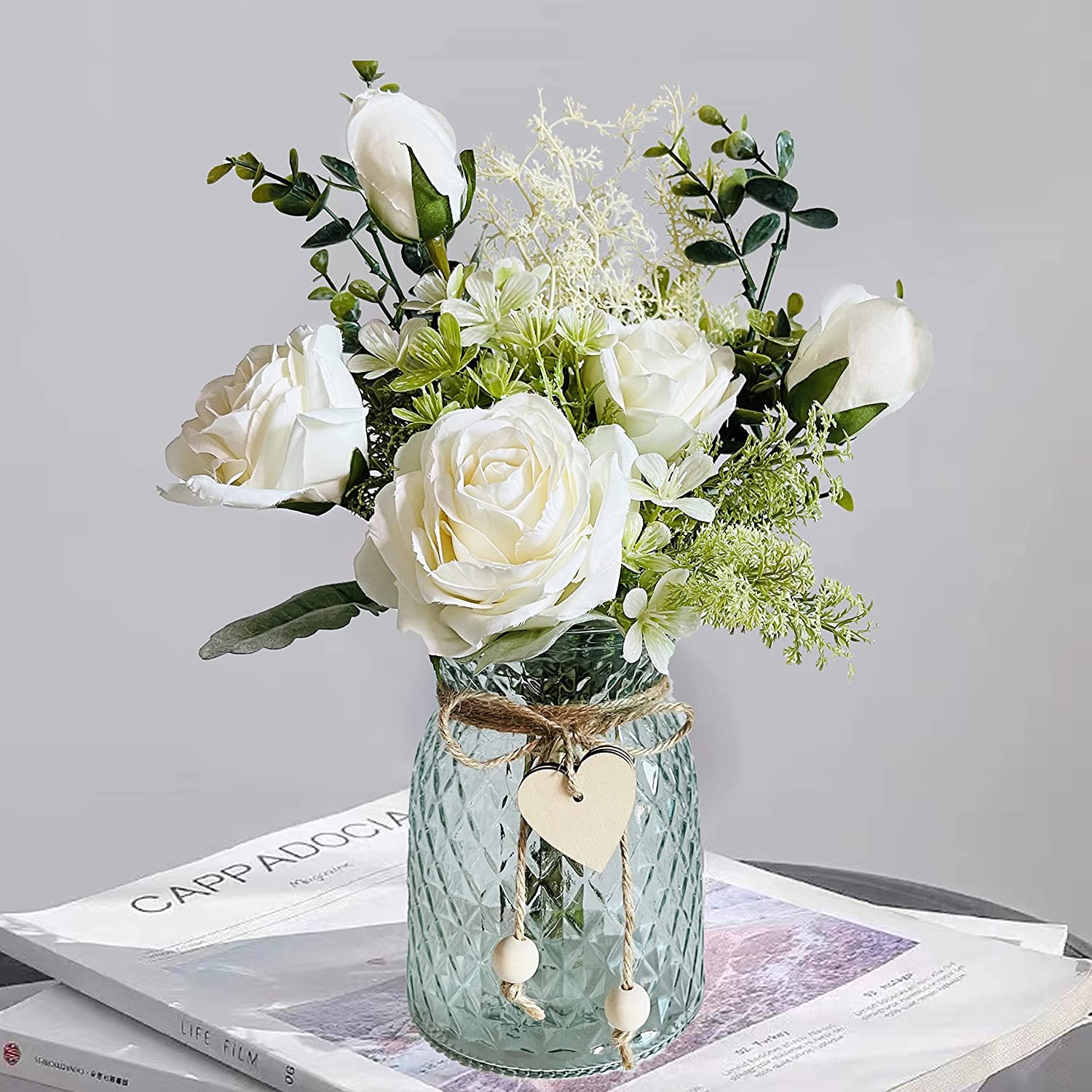 Fake Flowers with Vase, Silk Roses Artificial Flowers in Vase, Suitable for Wedding, Party, Home Decor.（Ivory）