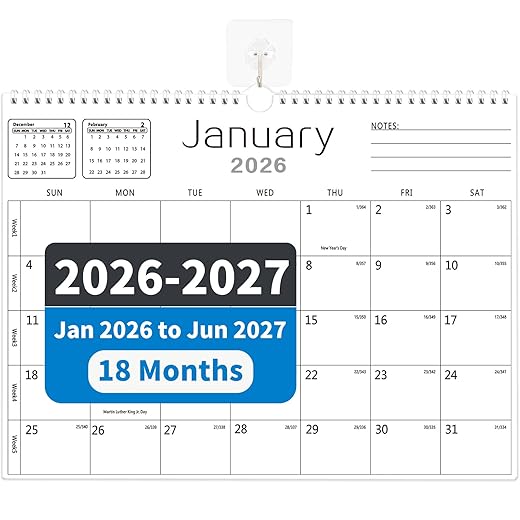 MZD8391 Calendar 2026-2027, Wall Calendar 2026-2027 From January 2026 To June 2027 18 Months, 14.7" x 11" Paper Calendars with Julian Date and Blank Block for New Year
