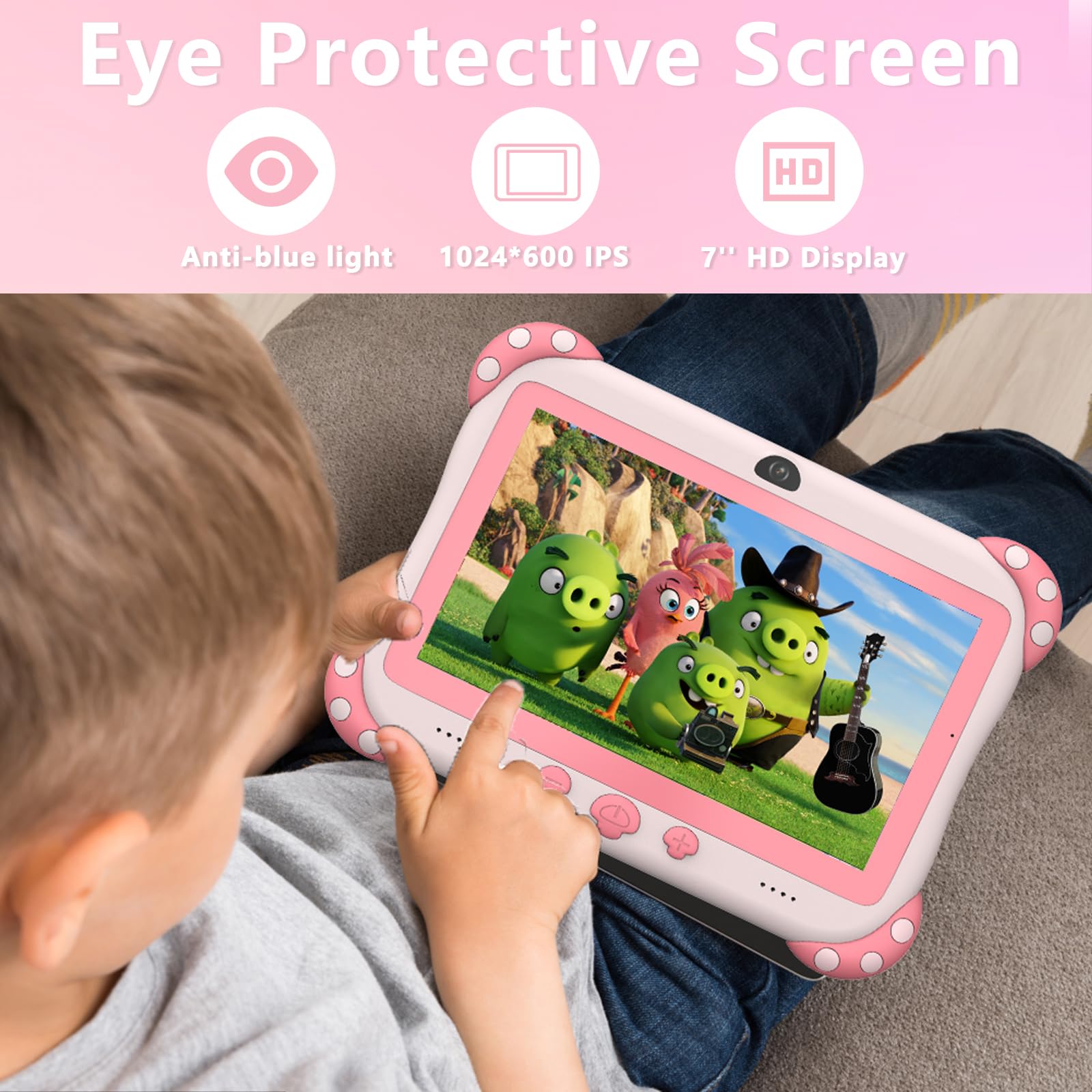 Tablet per bambini da 7 pollici per bambini Wifi Tablet per bambini 32G Android 10 Doppia fotocamera Giochi educativi Controllo parentale, Tablet per bambini con software per bambini preinstallato a