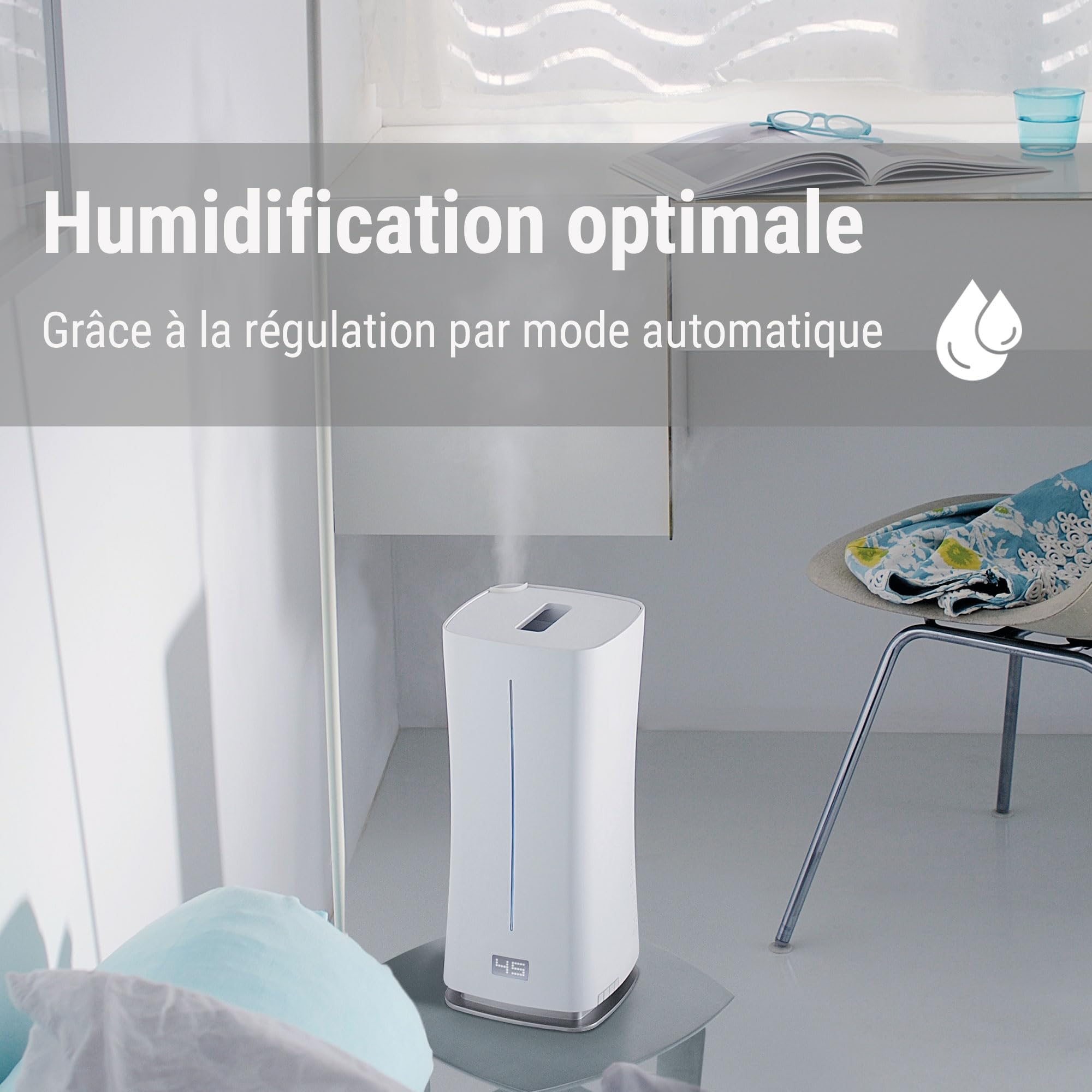 Stadler Form Humidificateur d'air Eva Little, nébuliseur ultrasonique Peu encombrant, pour pièces jusqu'à 50 m², avec hygrostat, Mode Auto et Nuit, Blanc
