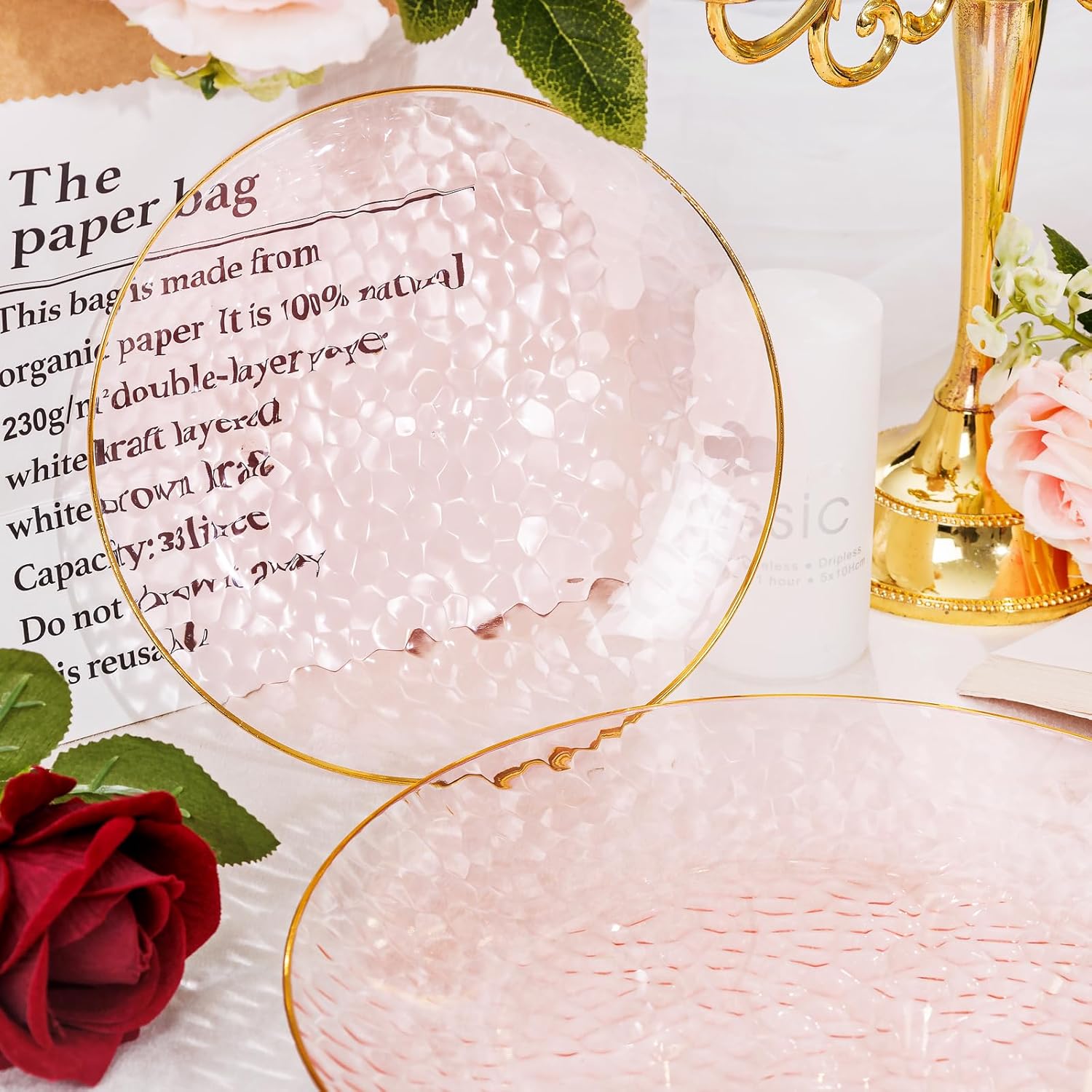 Rubtlamp 60 Pcs Pink Gold Plastic Plates, Gold Hammered Disposable Salad Plates, 7 Inch Disposable Dessert Platos, Plastic Dessert Appetizer Platos Perfect for Mother's Day - Image 7