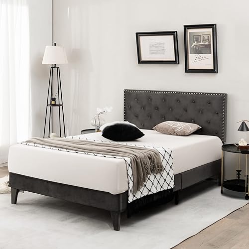 Miniatura 3 de KOMFOTT Base de cama tapizada tamaño matrimonial, base de cama de plataforma con cabecera copetuda y estribo acolchado suave, base de colchón con