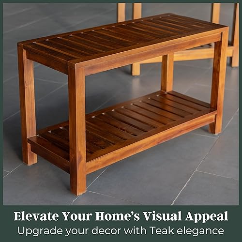 Miniatura 3 de The Teaky Hut Banco de ducha de teca de 30 pulgadas  Banco de madera totalmente montado con estante, resistente al agua, pies ajustables