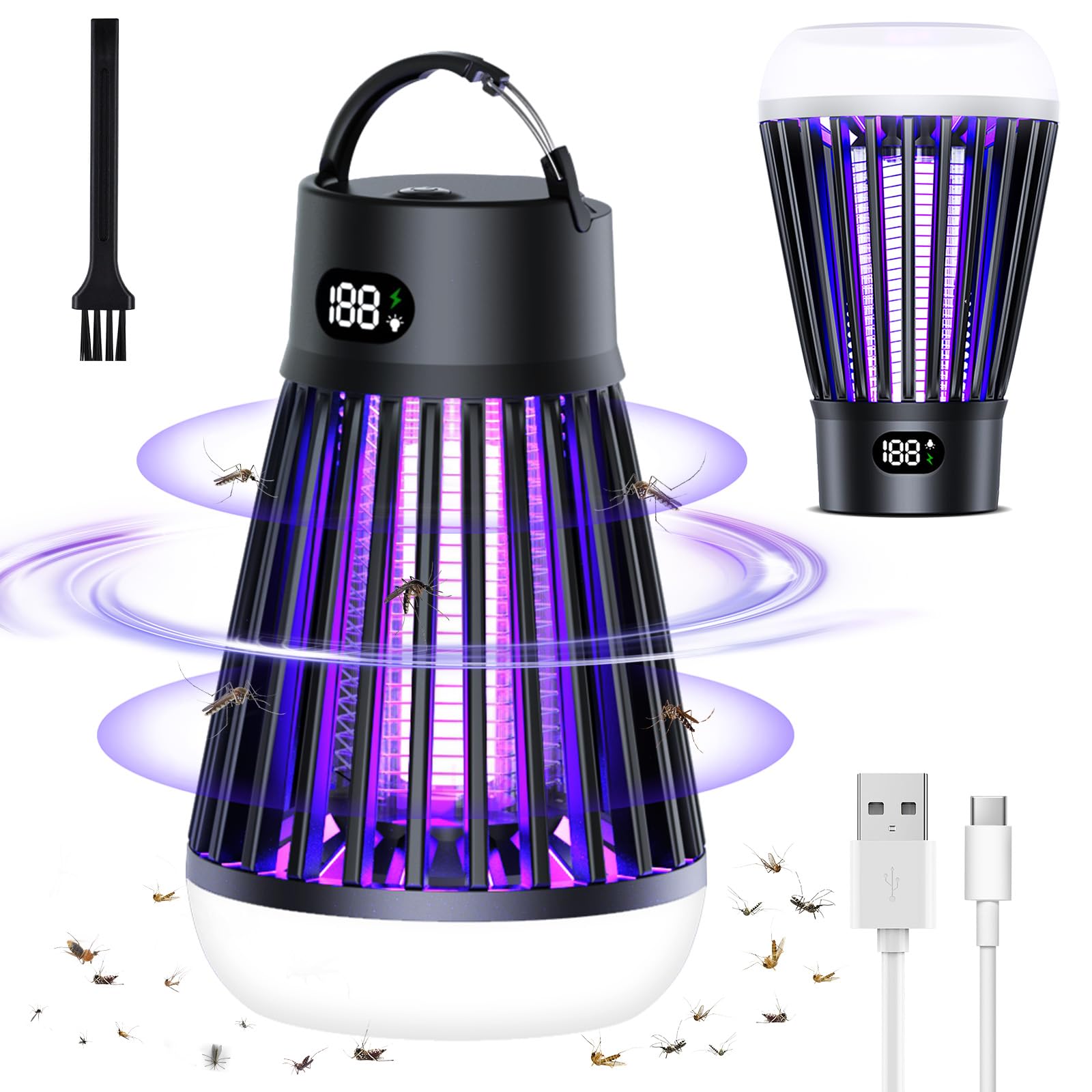 Adiwo Mosquito Repellent Lamp, 2000V Electric Shock UV Light Bug Zapper, 18W Fly Killer with Battery Level Display, 360° Fly Killing Lamp Rechargeable with Light Waterproof for Camping and Home