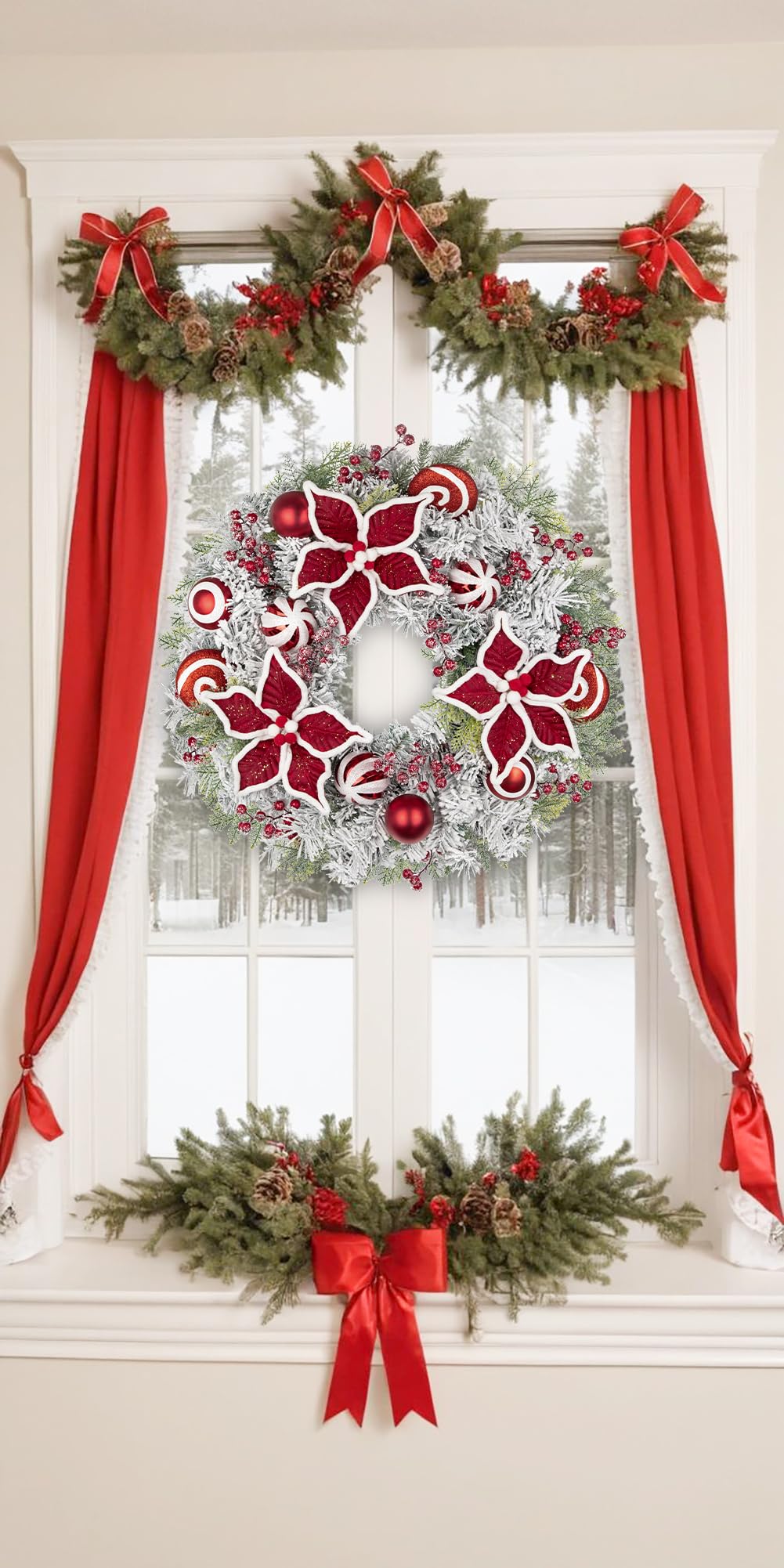 Oairse Corona de Navidad de 24 pulgadas con flor de Pascua roja, adornos de bolas y caramelos, corona artificial grande para decoración de puerta delantera con pino nevado, guirnalda colgante de