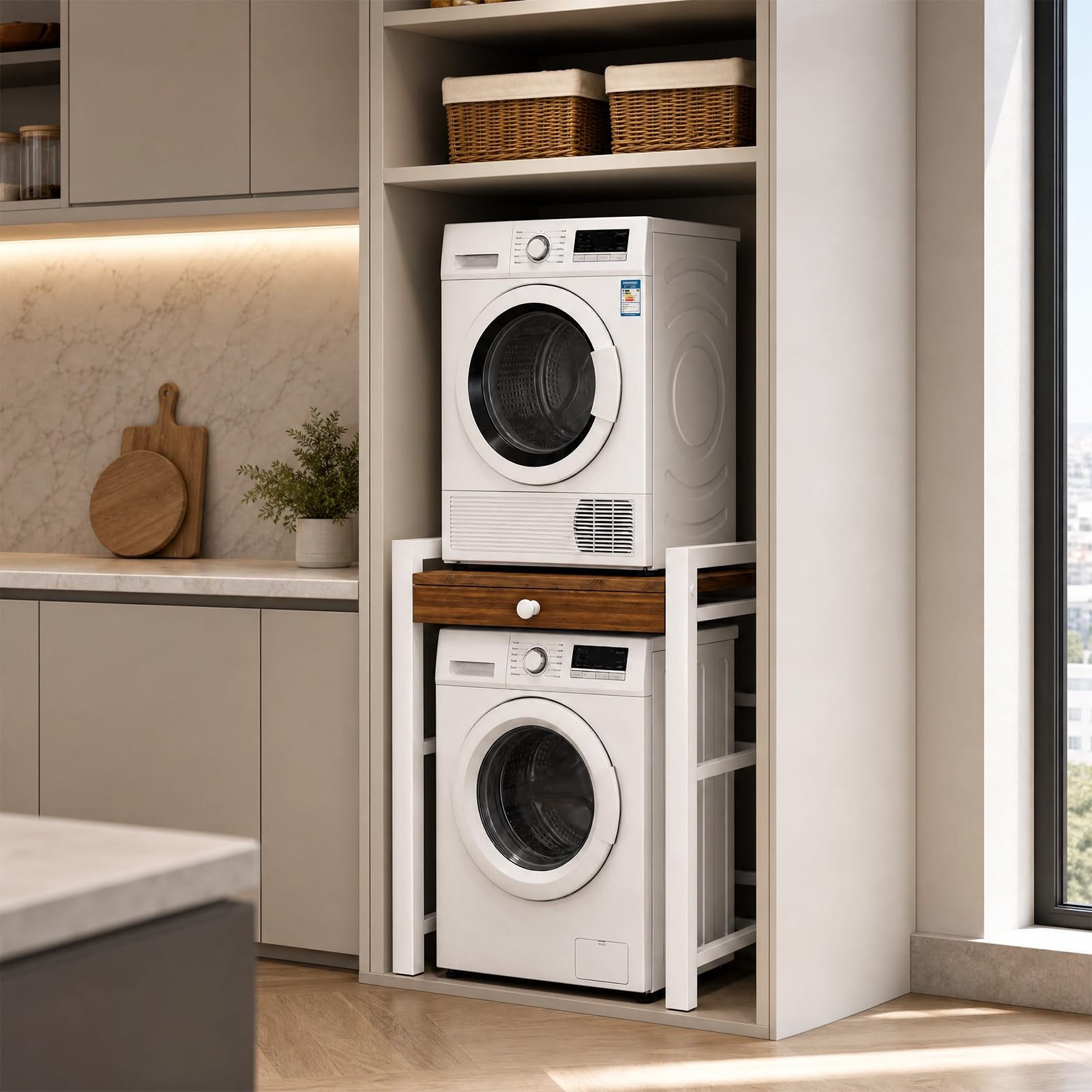Meuble Machine à Laver, Meuble Lave Linge Seche Linge Superposé, Etagere Machine a Laver, Sans perçage, réglable en Hauteur, Armoire en Bois et MéTal, Capacité de Charge de 350 Kg (Blanc-Étagère)