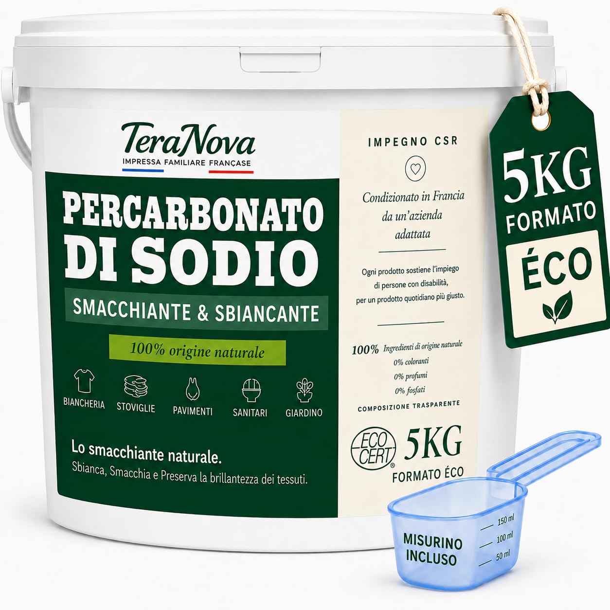 Percarbonato di Sodio 5 kg – Smacchiatore e Sbiancante Naturale ECOCERT – 100% Puro senza Additivi – Oltre 600 Lavaggi – Ossigeno Attivo – Dosatore Incluso