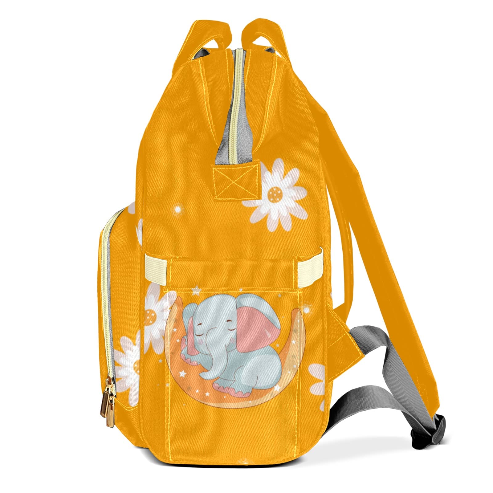 Cute Elephant Orange Floral Diaper Bag Backpack Multifunction Bags with Changing Pad Unisex Stylish Travel Back Pack Nappy Custom Bag for Moms Dads