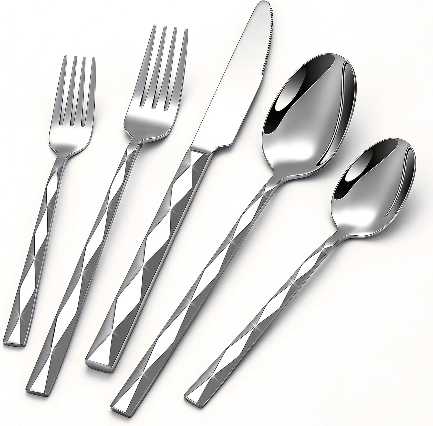20 Piece Flatware Set for 4, Stainless Steel Cutlery Set with Diamond Cut Pattern for Kitchen, Home, Wedding, Party, Mirror Polished and Dishwasher Safe