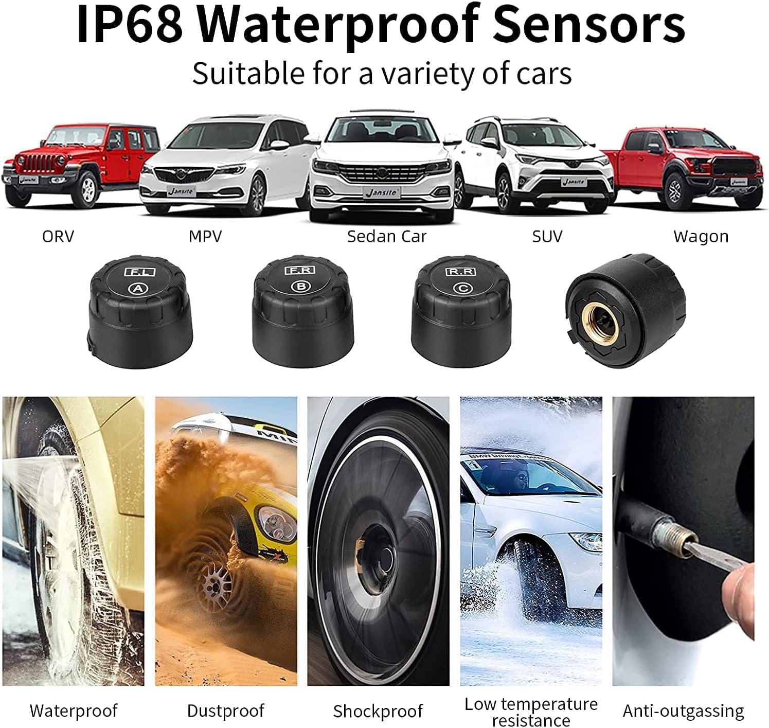 Jansite IP68 waterproof tire sensors suitable for various vehicles.