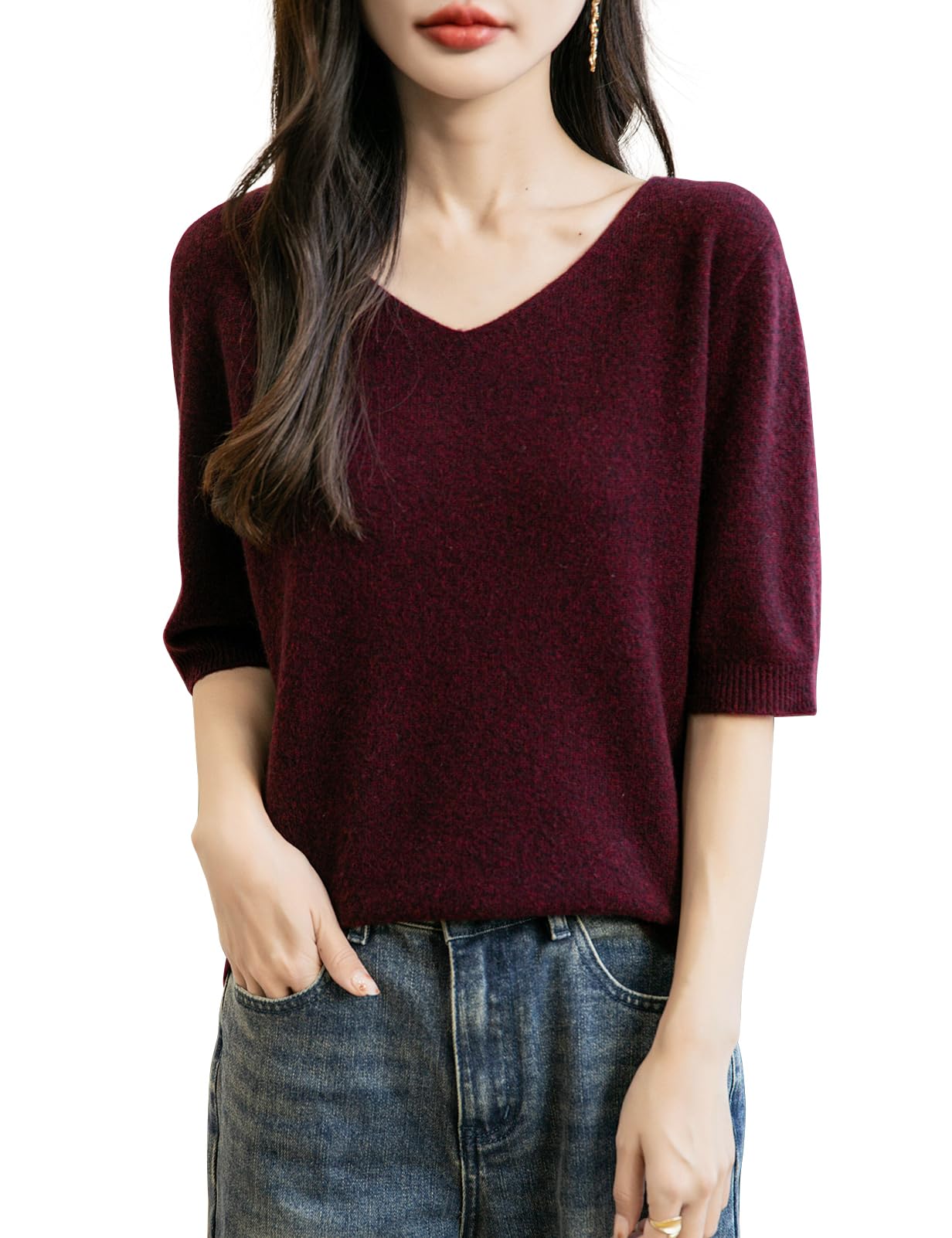Chanyarn Womens V-Neck 100 Merino Wool Spring Fall Winter First-Line Ready to Wear Seamless Knit Shirt Short Sleeve