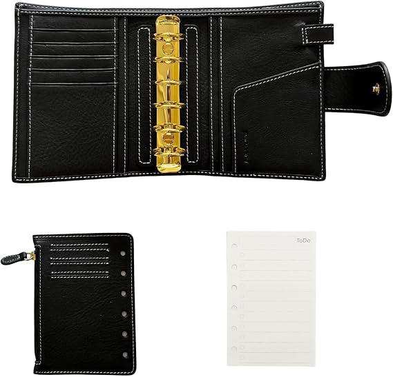 A7 Organizer Minerva Box Genuine Leather Journal Notebook,Stalogy Rings Planner Pocket size Notebook with 25MM Binder Mini Agenda Diary (Black)