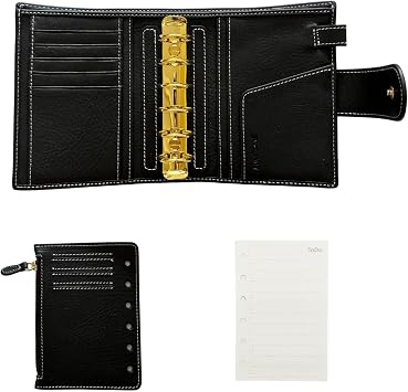 A7 Organizer Minerva Box Genuine Leather Journal Notebook,Stalogy Rings Planner Pocket size Notebook with 25MM Binder Mini Agenda Diary (Black)
