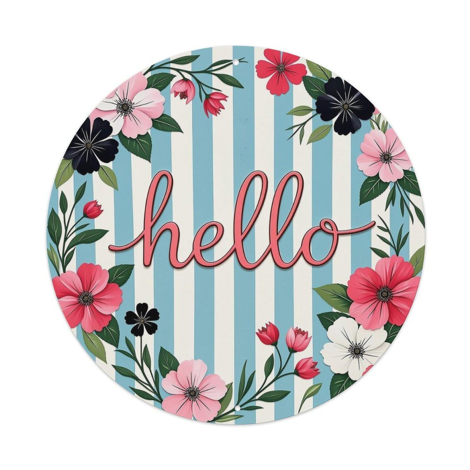 Floral Striped Background Hello Pattern Round Tin Sign Vintage Metal Sign Home Bar Garden Indoor & Outdoor Wall Decor Retro Metal Poster 8x8 Inch