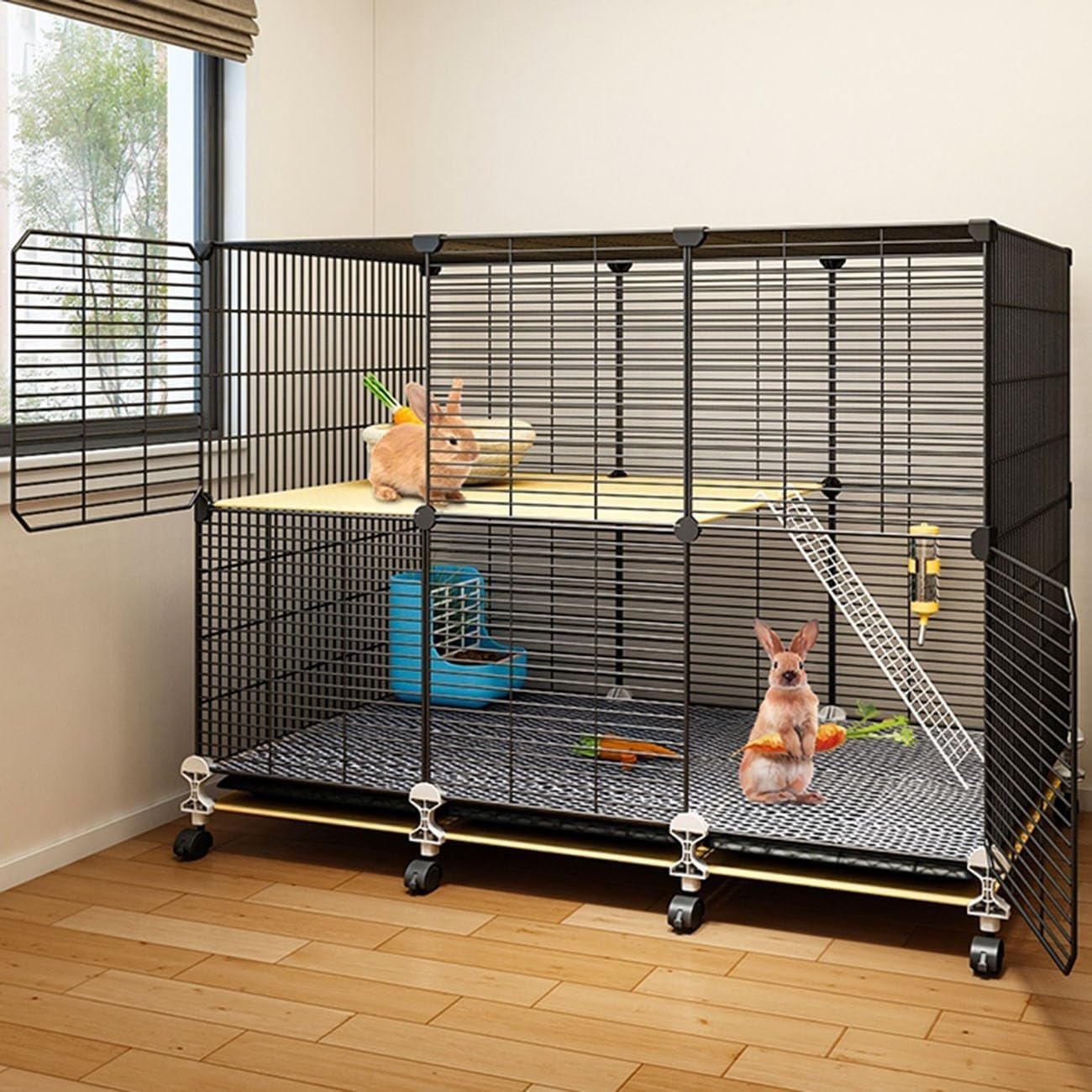 Cage pour lapins d'intérieur à roulettes - Idéale pour le salon