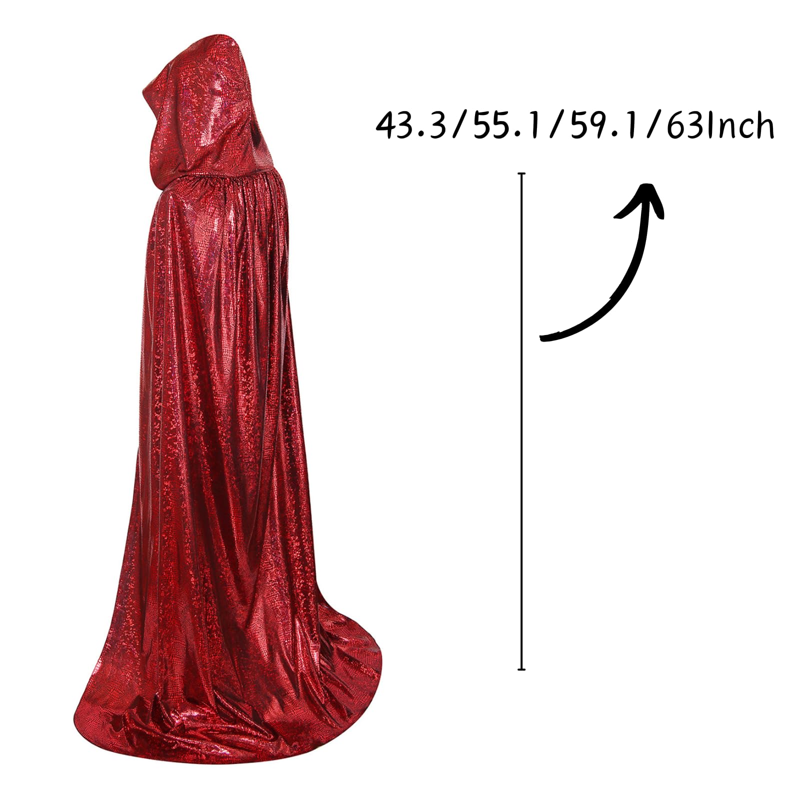 RRCBMD Adult Unisex Full Length Hooded Cloak Sparkle Shiny Cape with Hood Women Men Halloween Mardi Gras Wizard Cosplay Costume Red 43.3Inch - Image 3