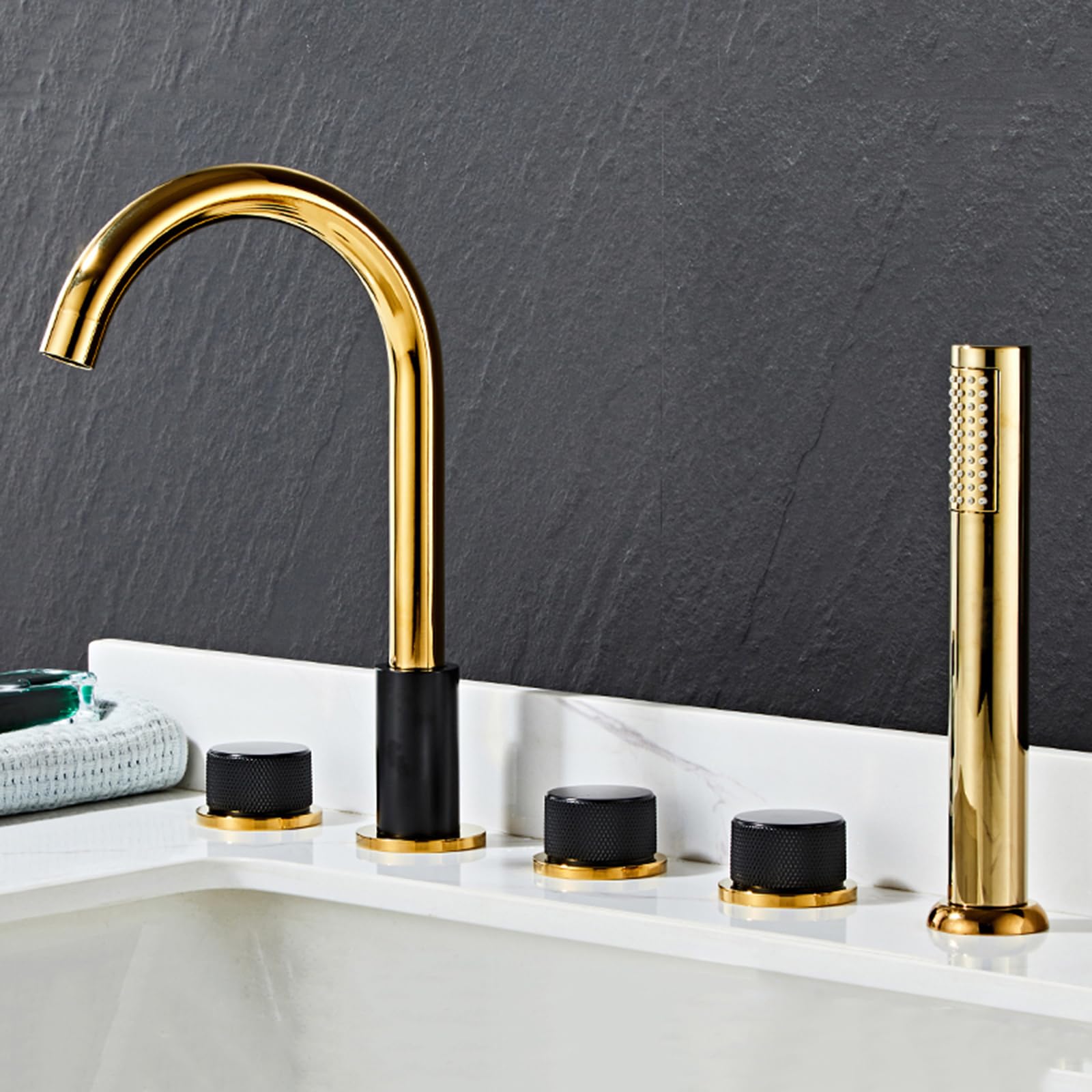 BHGFYXBS 5 Hole Bath Tap Set Black+Gold Bath Mixer Taps With Shower With Diverter 360 Rotating Spout Gooseneck Tap-A