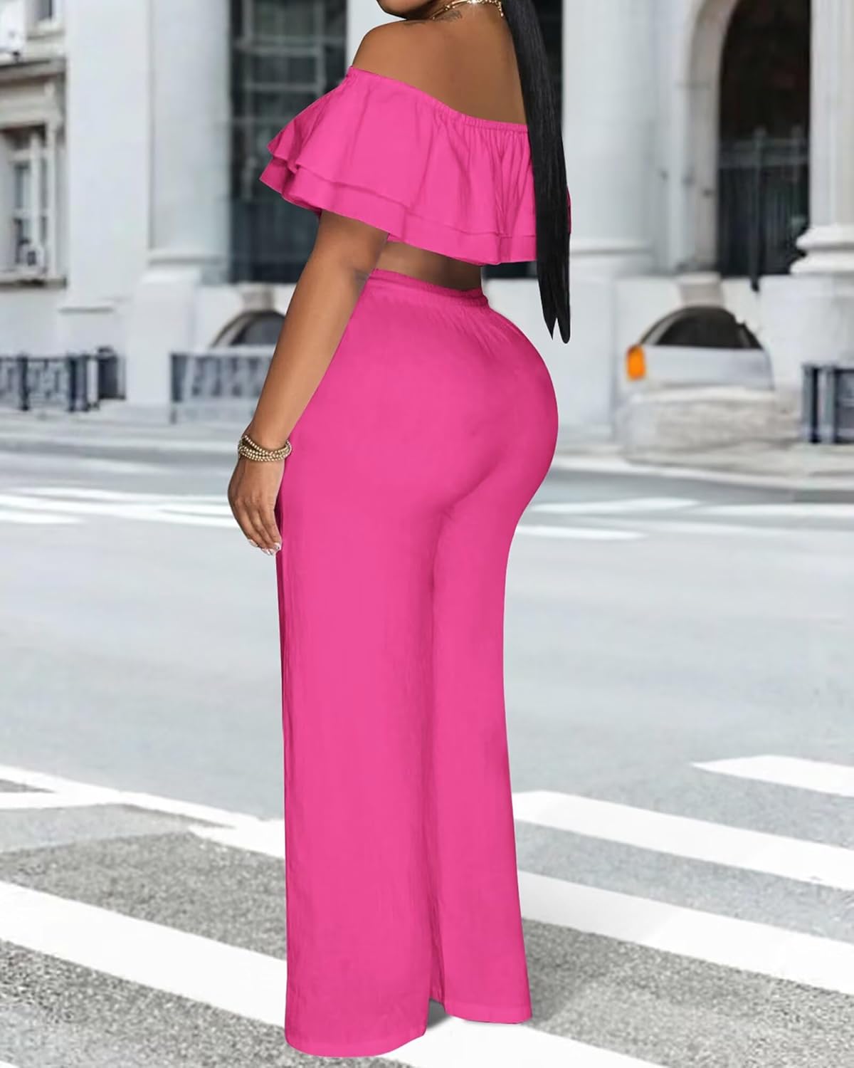 Adogirl 2 Piece Outfits For Women Off Shoulder Ruffle Trim Short Sleeve Top Wide Leg Pants Sets Sexy Outfits - Image 3