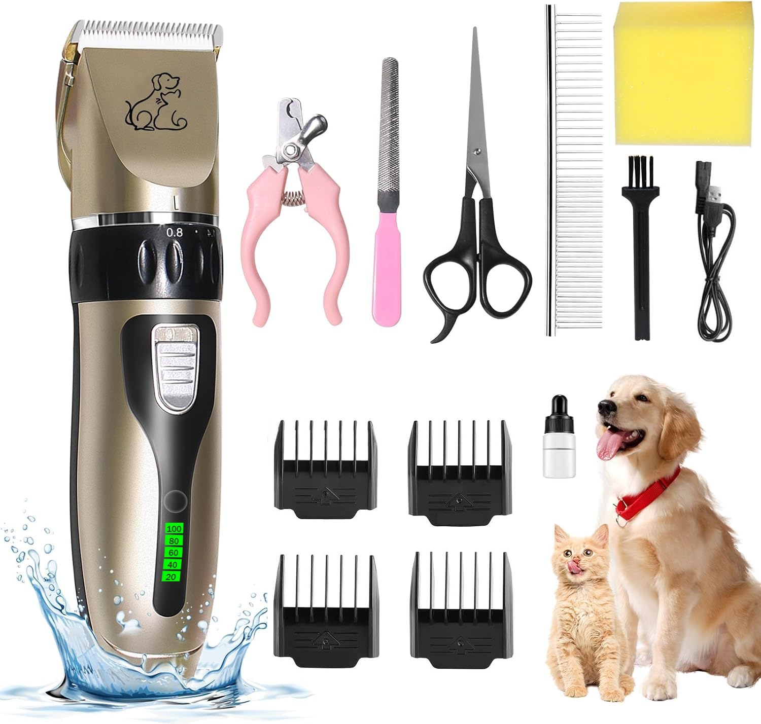 BelonLink Maquina Cortar Pelo Perros, cuchillas de cerámica extraíbles y lavables Cortapelos Perros, cortapelos para mascotas bajo ruido, máquina de aseo con 4 peines guía mascota cortapelo perro