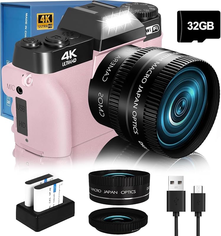 4K Digital Camera, Vlogging Camera with WiFi & Flip Screen | 16X zoom, 52mm lens, flip screen for YouTube, travel and beginners, includes 32GB SD card
