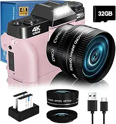 Câmera digital VJIANGER 2024 para fotografia e vlogging para YouTube com WiFi, tela flip de 180°, zoom digital de 16x, lente de 52 mm, 2 baterias, cartão micro SD de 32 GB (rosa)