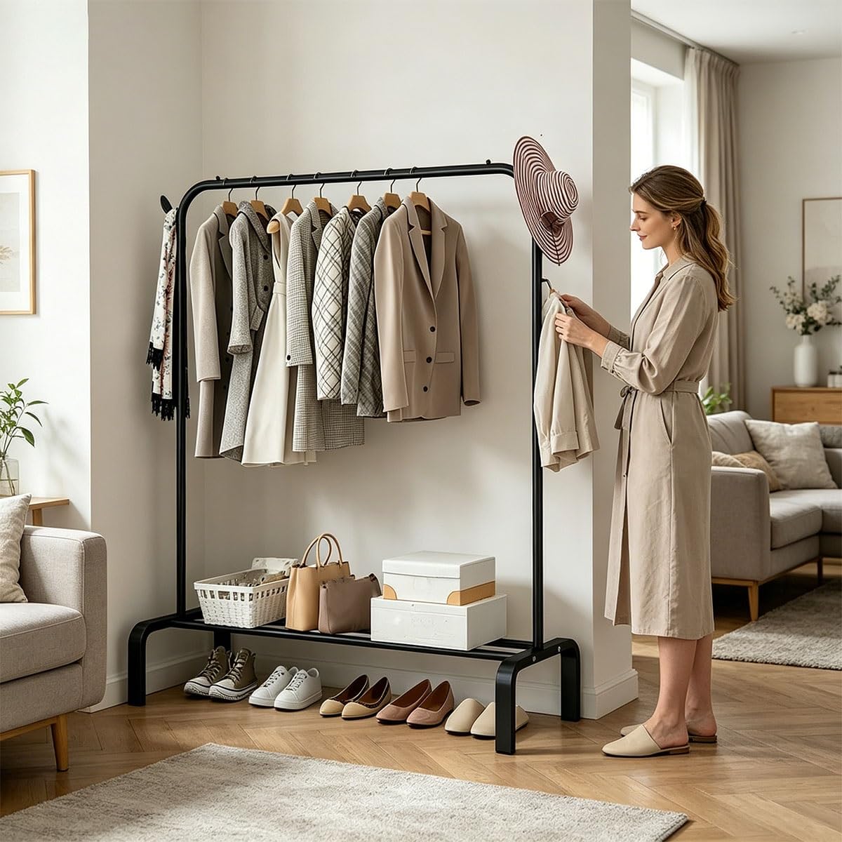 Freistehender Kleiderständer aus Metall, Aufbewahrungsregal, Rollen, tragbarer Kleider-Organizer, Zuhause, Schlafzimmer, 140 cm