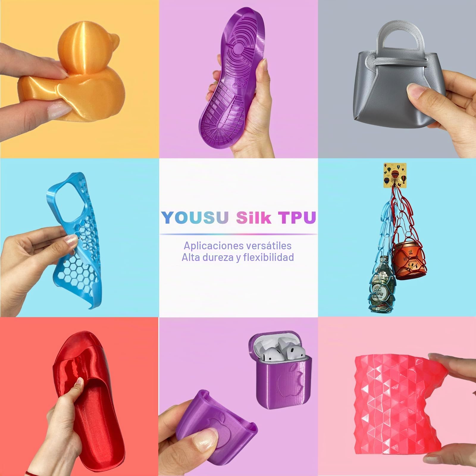 YOUSU Filamento de TPU de seda de 1.75 mm, filamento flexible de impresión 3D de TPU 95A, alta resistencia a la dureza, material adhesivo suave, elástico, 2.2 libras, seda TPU dorado, gris oscuro