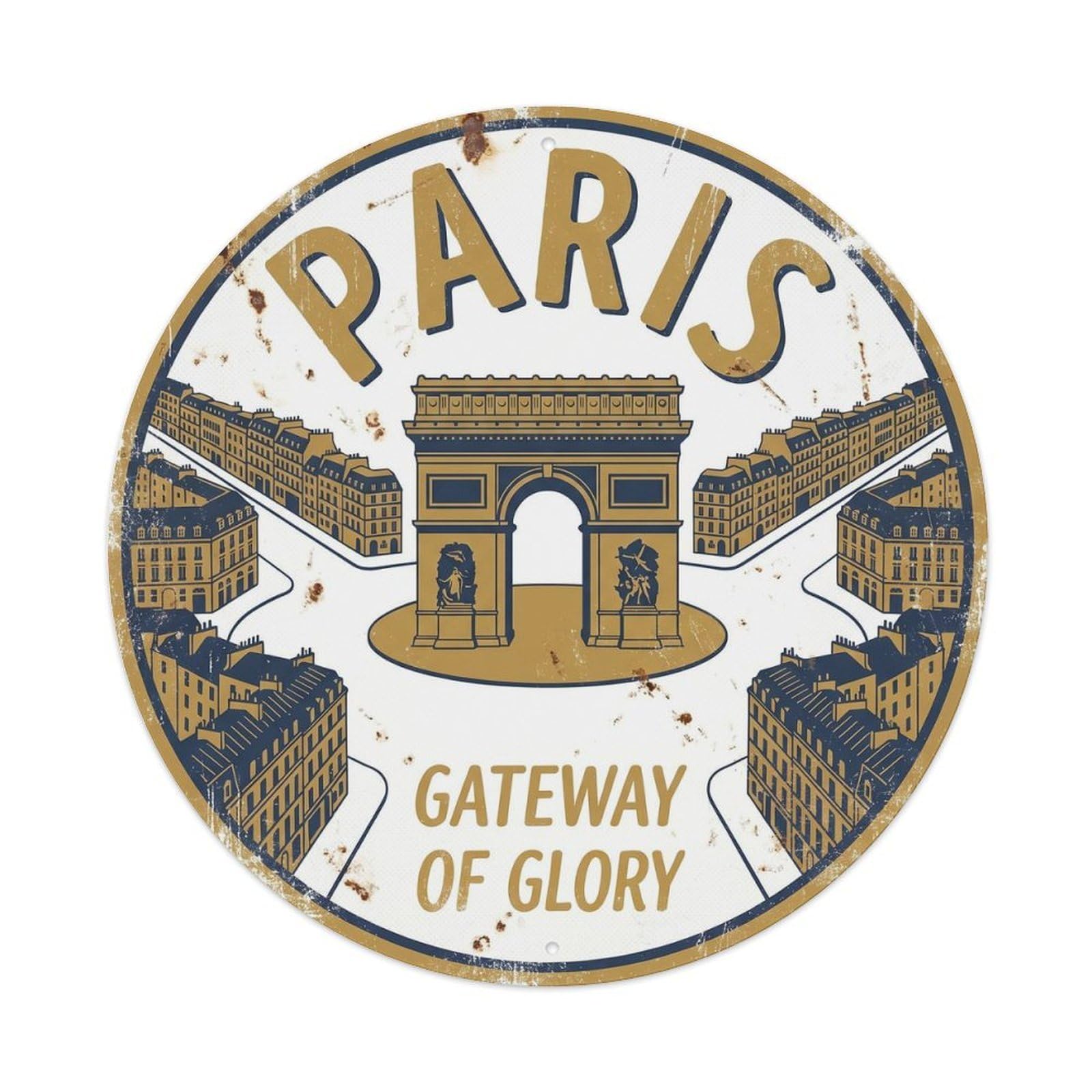 Vintage Travel Arc Triomphe Paris Metal Tin Sign Plaque Wall Decor for Cafe, Club, Garden Round Metal Poster 8x8Inch