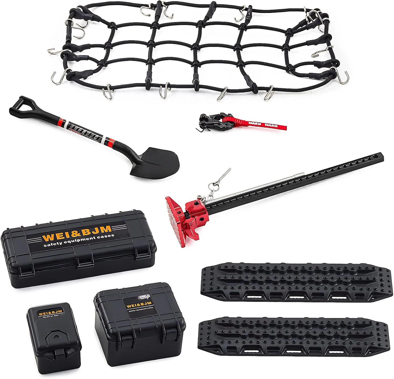 8/9PCS RC Crawler Accessories Set, 1/10 Scale Decoration Recovery Tool Kit with Roof Luggage Net, Shovel, Fire Extinguisher Car Upgrades for Axial SCX10 Traxxas TRX4 (9, Black & Red-1/10)