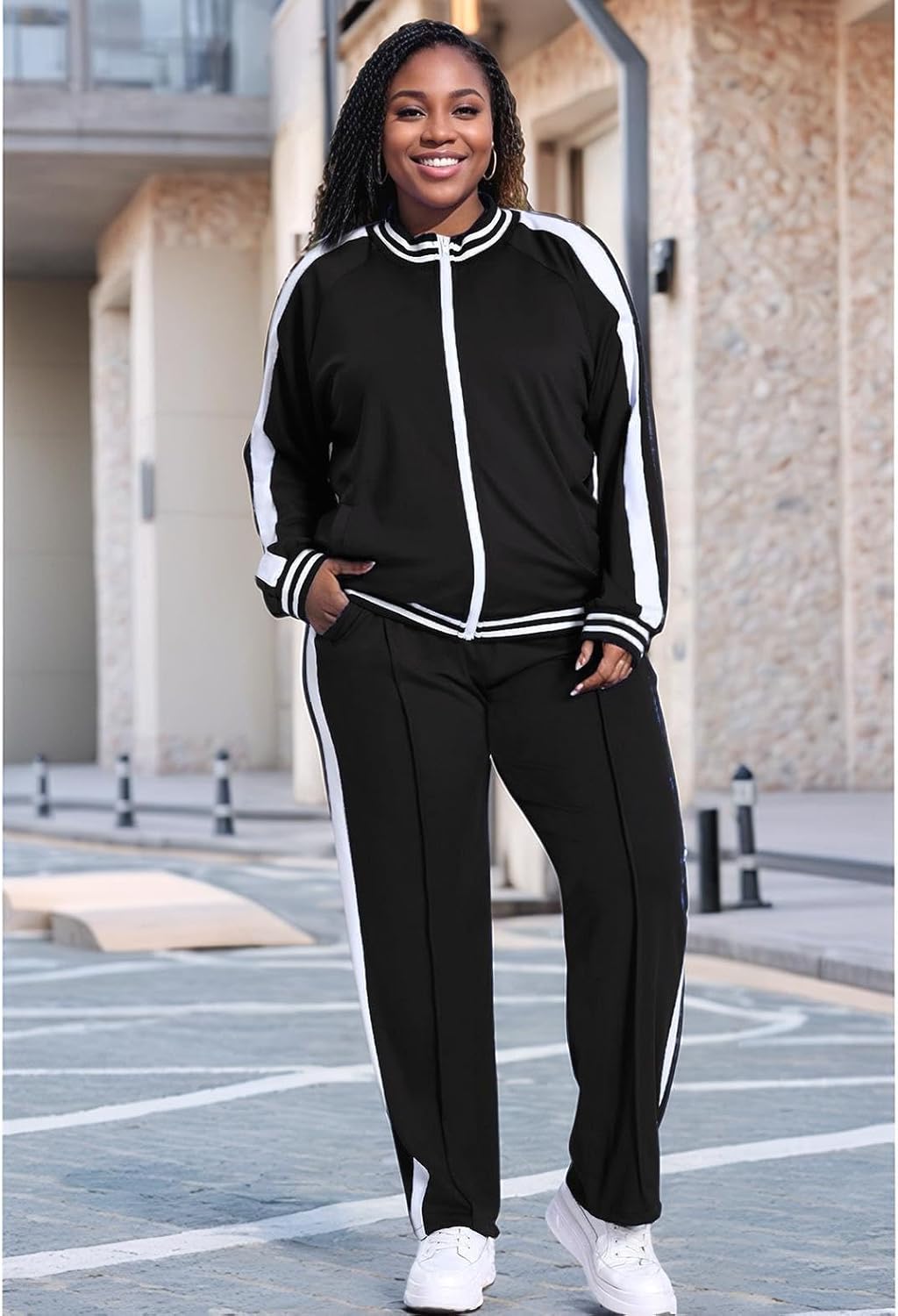 UOUA Women's Plus Size Jogging Suit 2 Piece Sweatsuit Long Sleeves Jacket & Pants Two Piece Track Set Outfit - Image 3