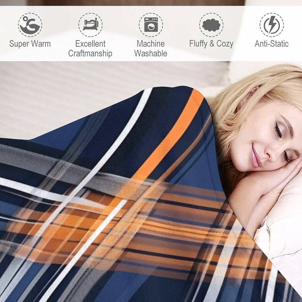 Amazon.com: Fleece Throw Blanket Navy Blue and Orange Plaid