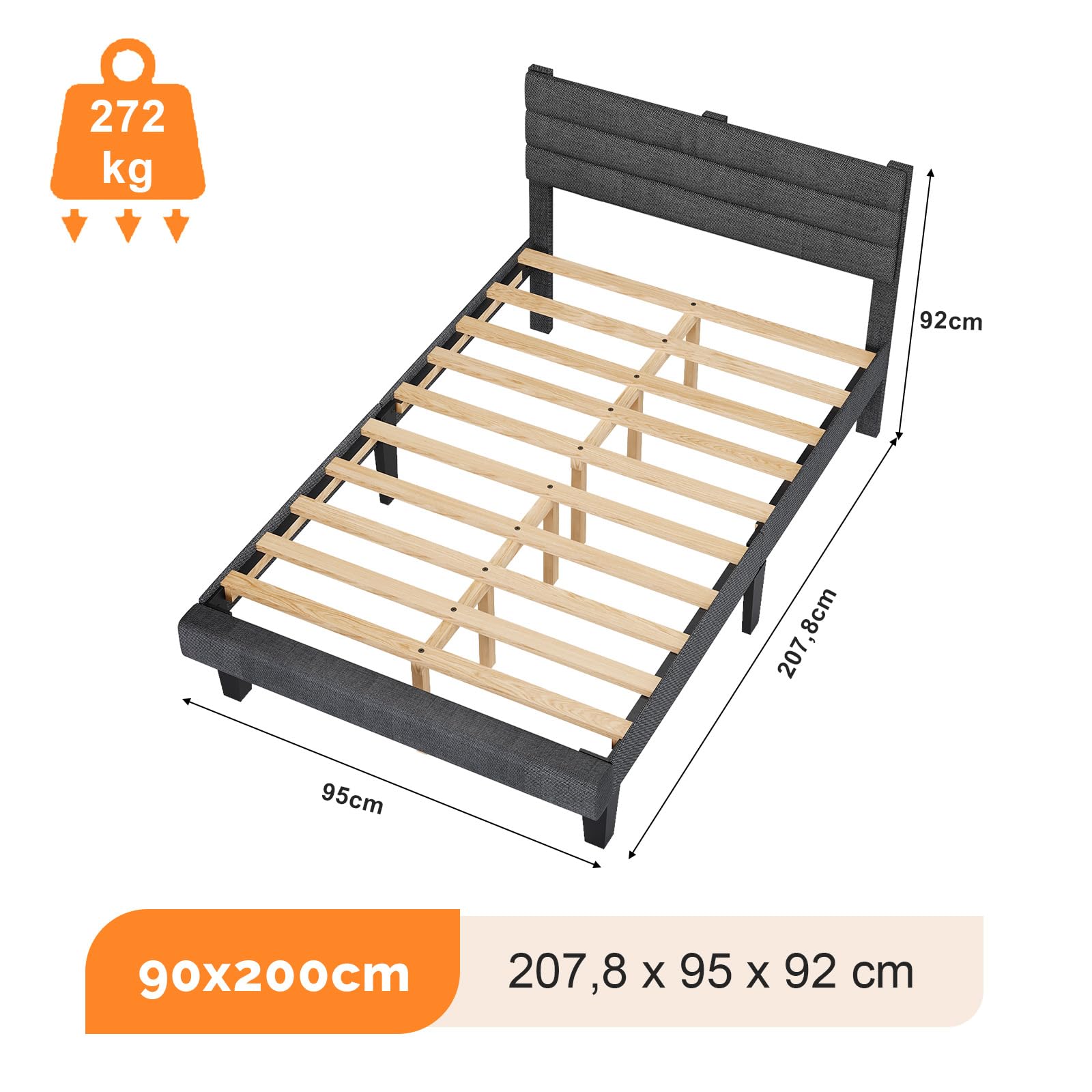 Bonnlo Polsterbett 90x200 cm mit verstellbarem Kopfteil, Bett 90x200 mit Lattenrost aus Holz, Leinenoptik(ohne Matratze)