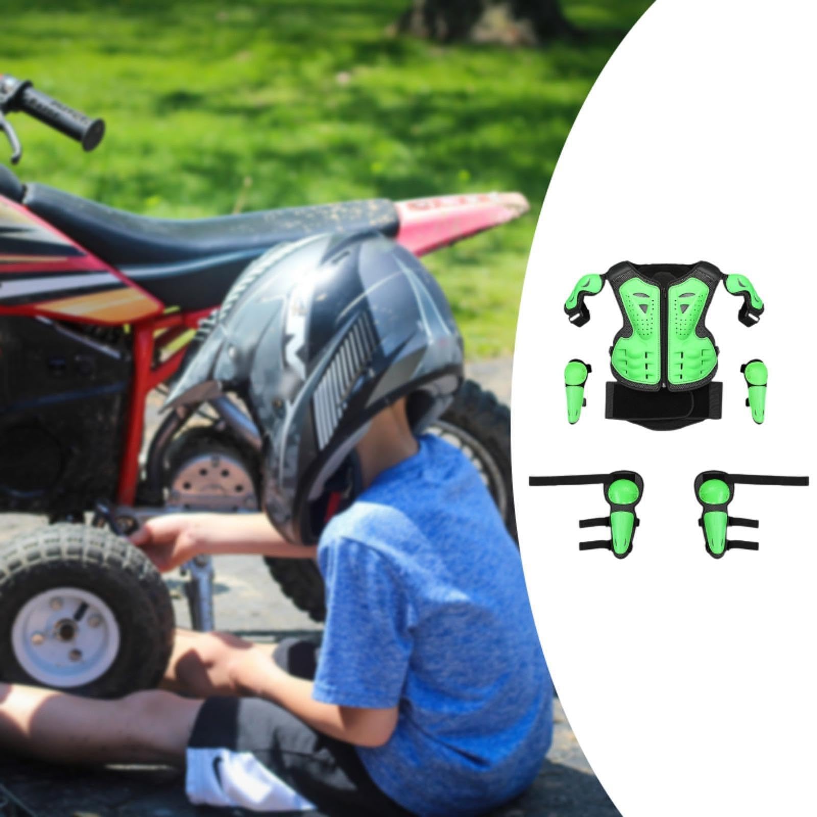 Tuta per armatura da motociclista per bambini con imbottitura per protezione spalla, braccio, gomito, ginocchio, verde