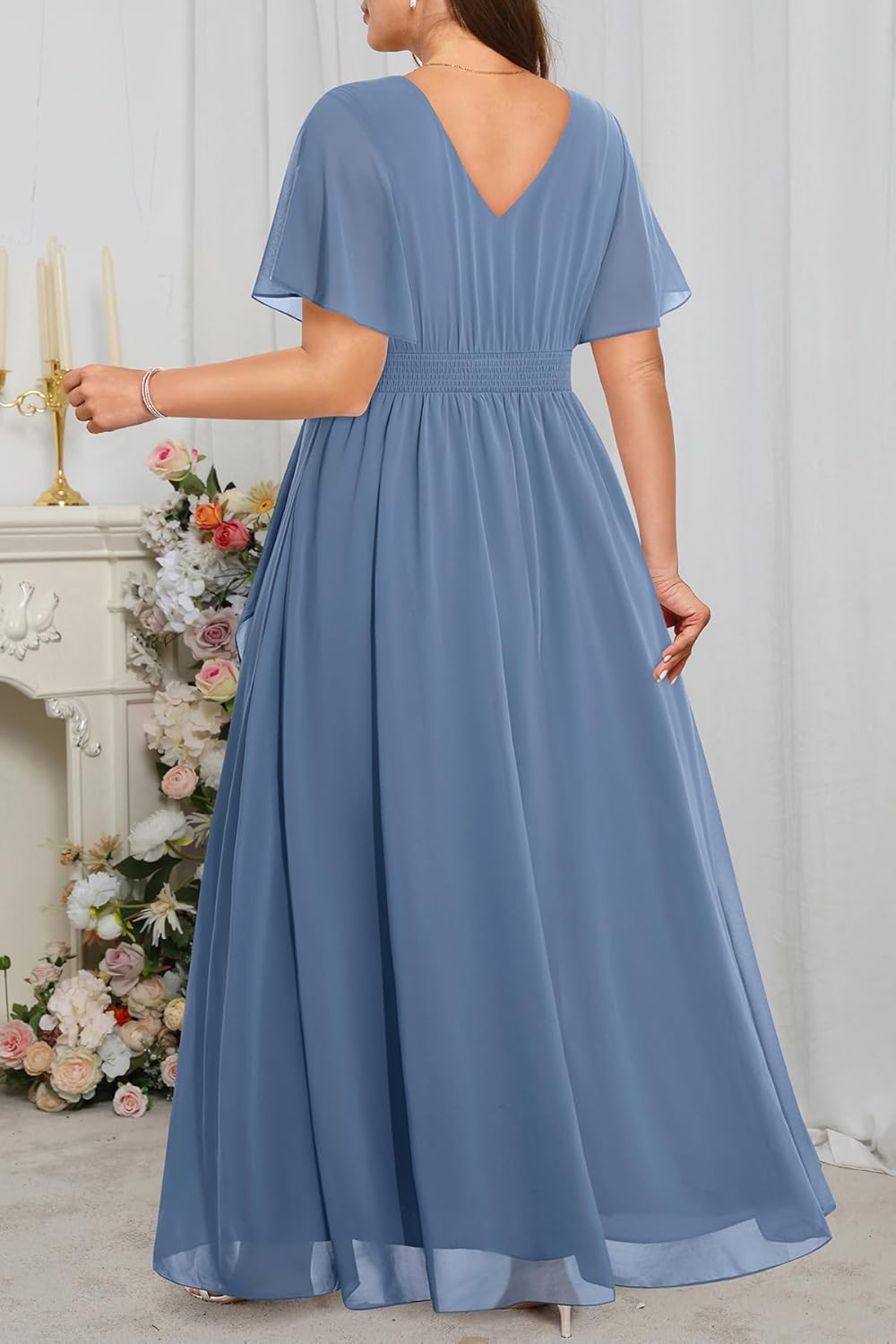 Plus Size Formal Dresses - Wedding Guest Bridesmaid Evening Prom Chiffon V Neck Ruffle Short Sleeves Long Dress Women - Image 5