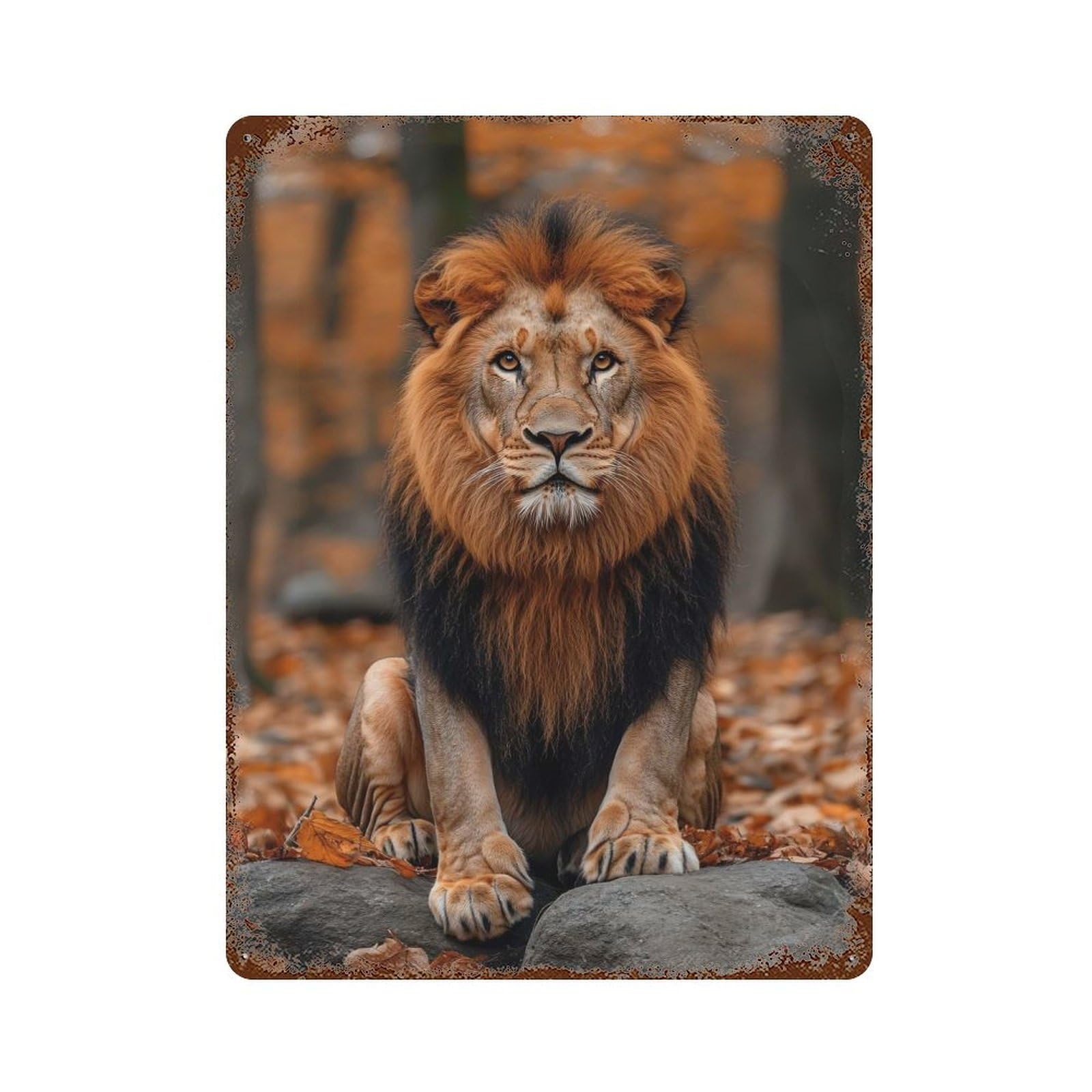 Rust Effect Majestic Lion Portrait in Autumn Setting Aged Metal Wall Plaque 15.7"x11.8", Shabby Chic Decor for Living Room, Hallway And Home Decor
