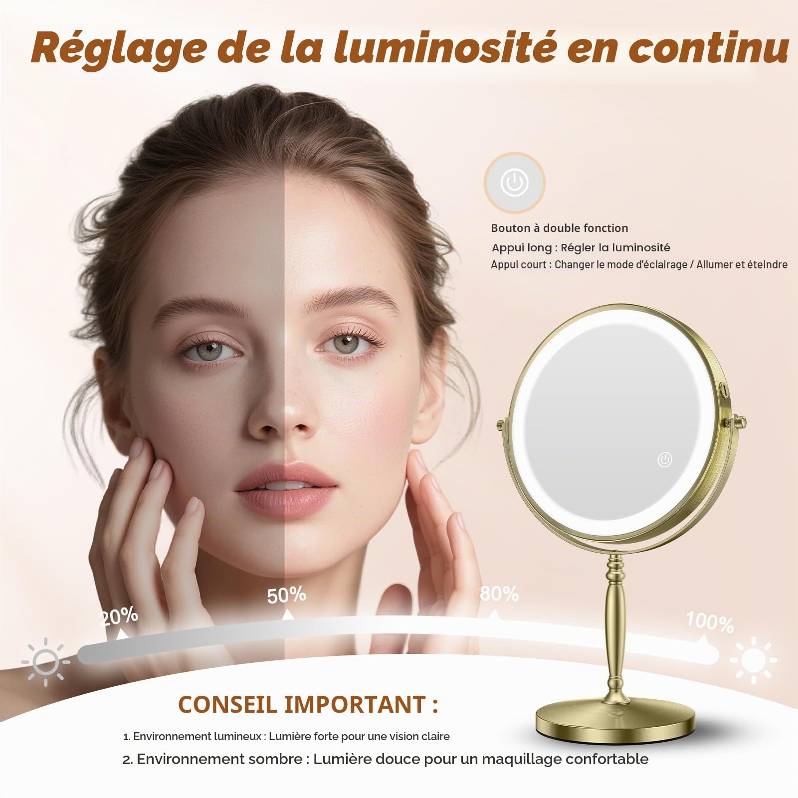 Matekxy Miroir de maquillage lumineux 20,3 cm avec grossissement – Miroir de bureau x1/10 LED rechargeables 3 couleurs laiton doré