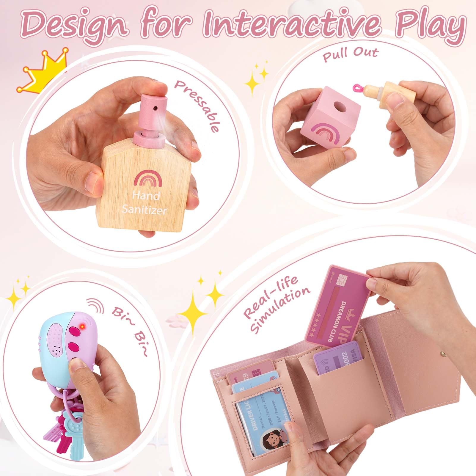 Dreamon Play Purse for Little Girls - 30PCS Toddler Purse with Wooden Pretend Makeup Kit, Handbag, Phone, Wallet, Keys - Princess Pretend Play Toys Birthday Gift for Girls Age 3 4 5 6 + Year Old - 5