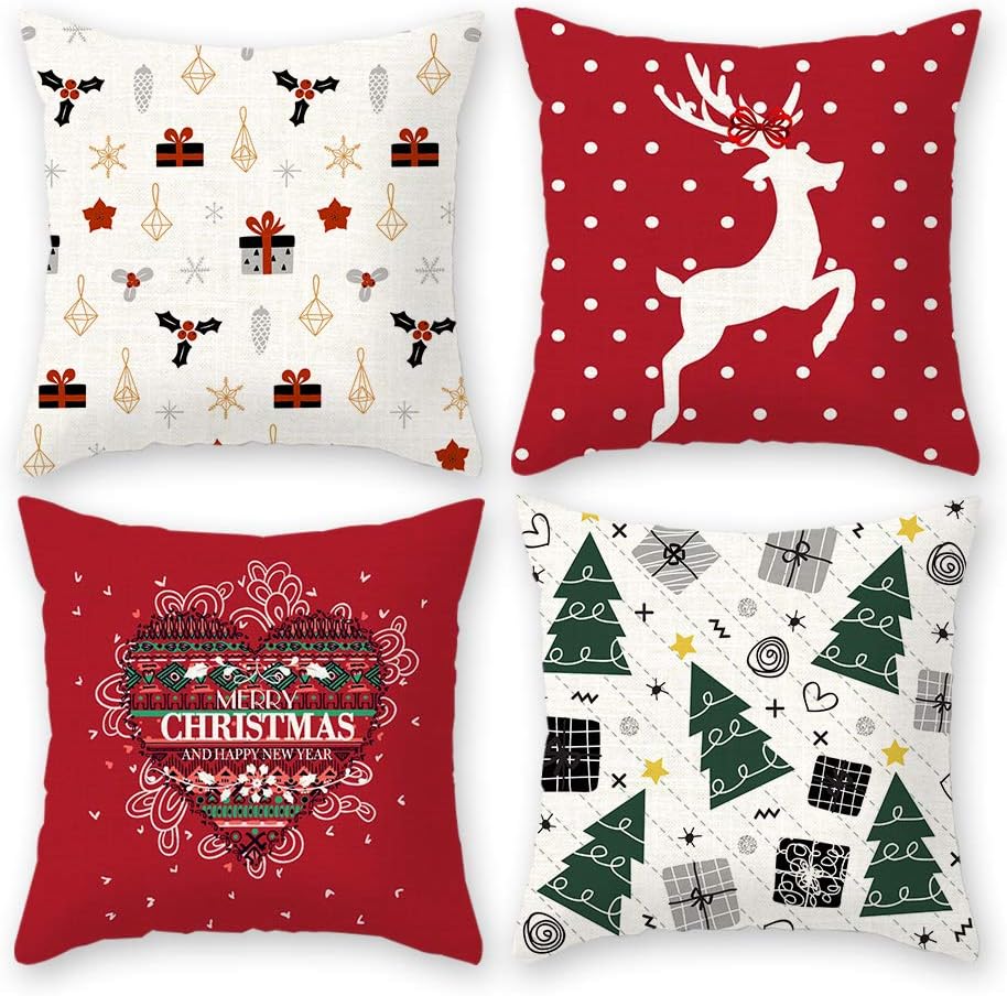 IMANDALE Christmas Decorative Cushion Covers Funda para Cojines De Navidad 18''x18'' Red Reindeer Pillow Cases Set of 4 for Home, Dorm, Office and Car(White&Red2)