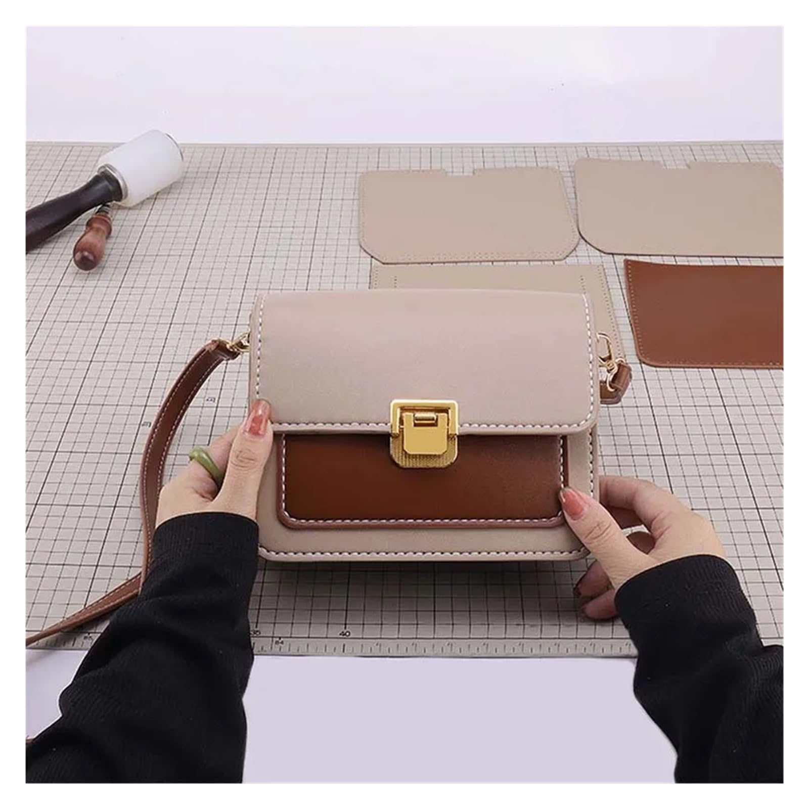 Juego de bolsos hechos a mano, costura a, artesanía cuero, kit bricolaje, fabricación, caja cuadrada, material | Num1 White