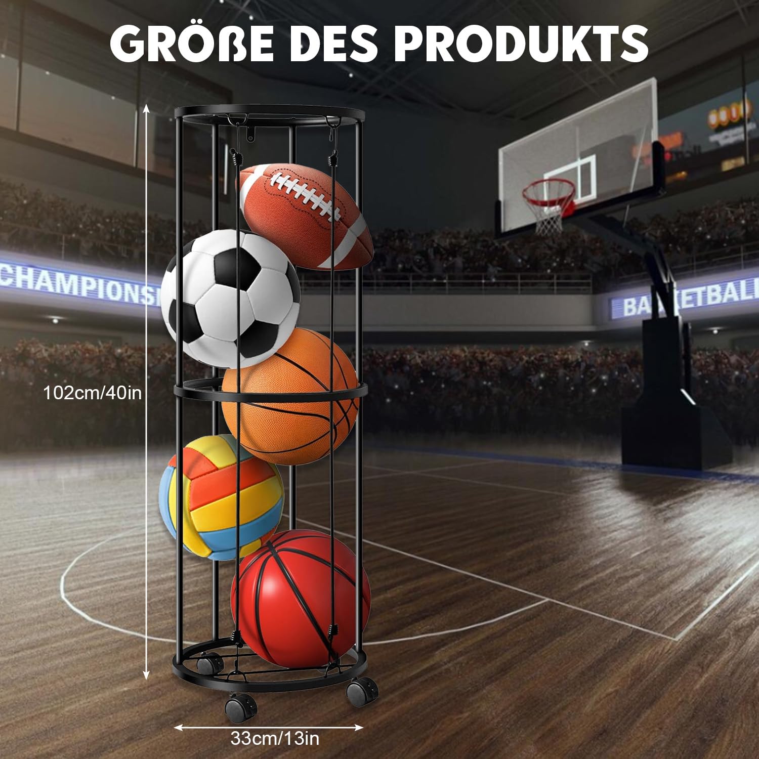 Soporte vertical para pelotas con ruedas, jaula de almacenamiento montada en la pared, estantería para baloncesto, fútbol y voleibol
