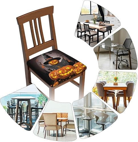 Miniatura 6 de Juego de 4 fundas de asiento extraíbles para silla de comedor, noche de Halloween, elásticas, para bodas, fiestas, fundas de cojín, calabazas, hojas