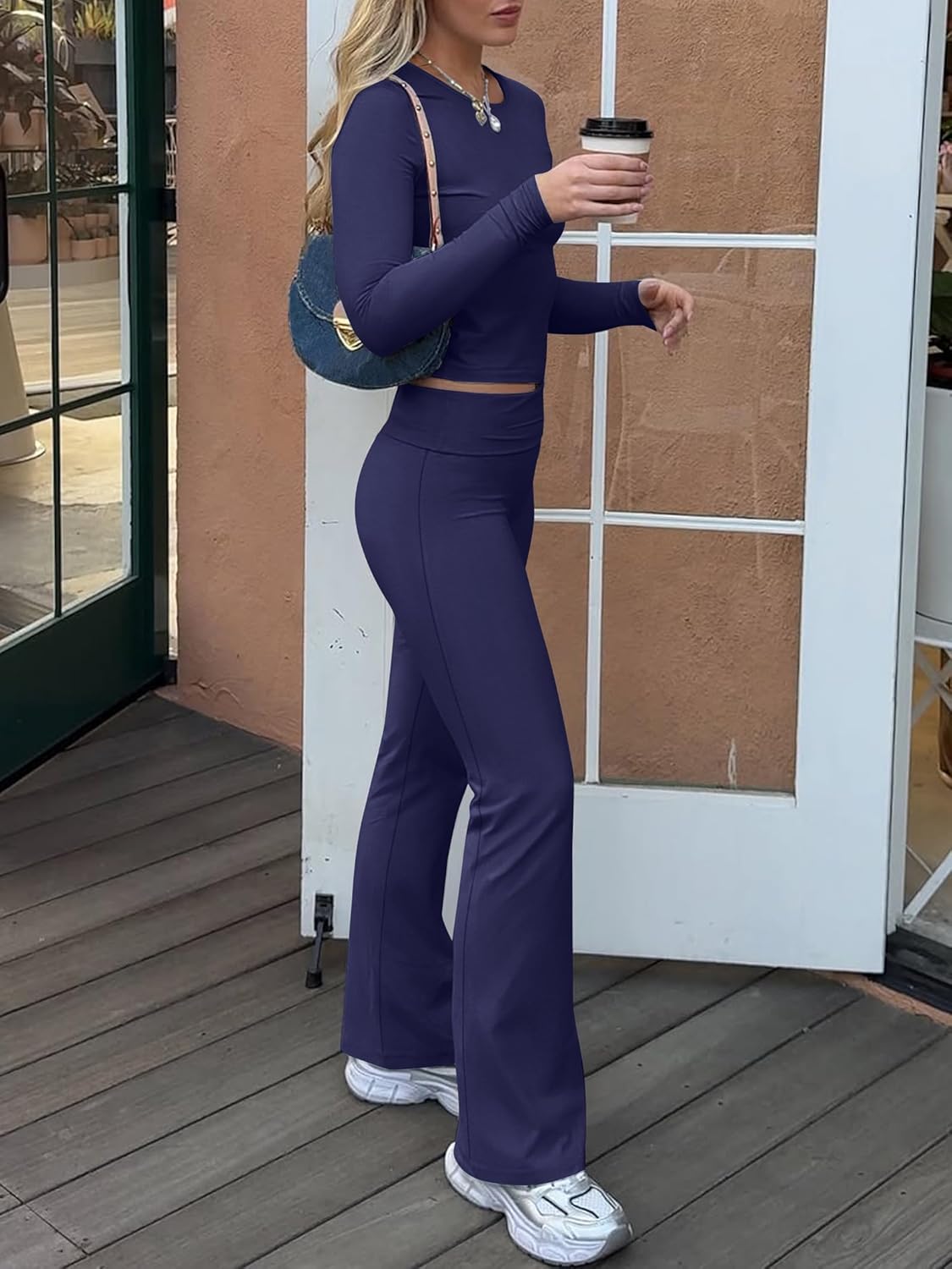 ANRABESS Women 2 Piece Outfits Fall Lounge Sets Long Sleeve Cropped Top Fold Over Flare Pants Comfy Pajamas Set Y2K Clothes - Image 4