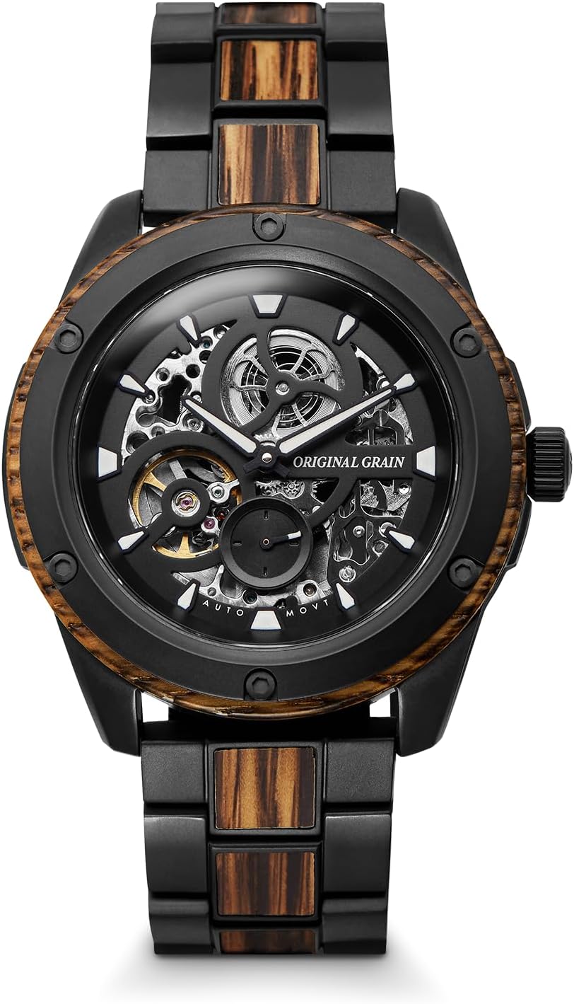 Original Grain Whiskey Black Rugged Automatic 44mm | Automatic Movement, 316L Stainless Steel, Adjustable Watch Band | 10ATM Water-Resistant & Scratch-Resistant | Whiskey Barrel Wood