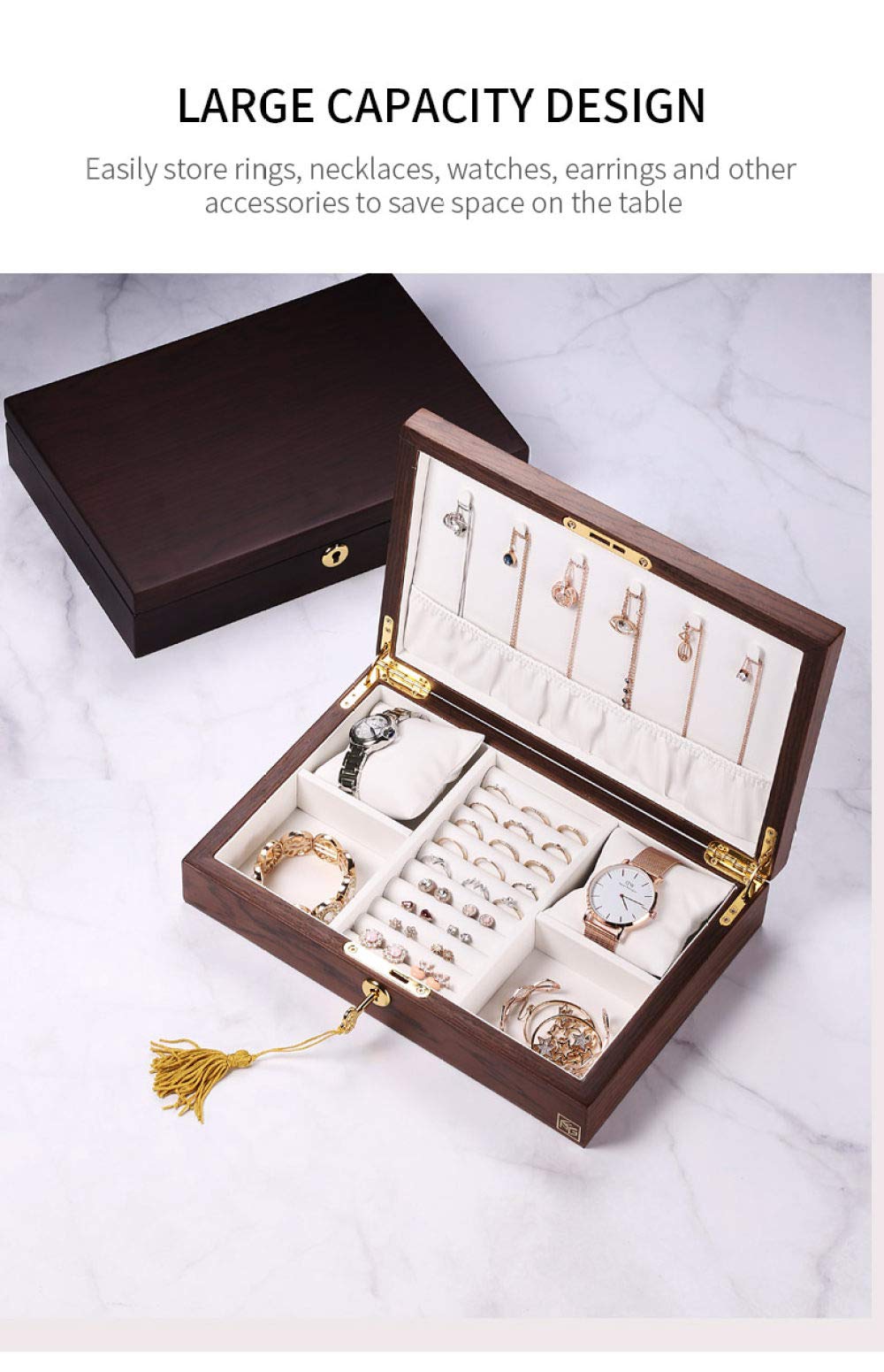 HAIBI Boîte à Bijoux, Coffret à Bijoux Grand Rouge Foncé Jewelry Box Organizer Women Wooden Rectangle Velvet Necklace Ring Earring Watch Girls Jewellery Storage